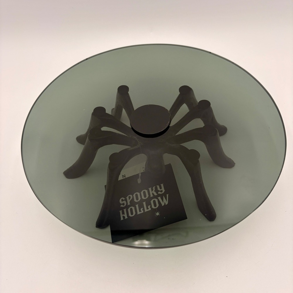 Spooky Hollow Halloween Spider Glass Cake Stand 10in Smoky Grey Black Decor